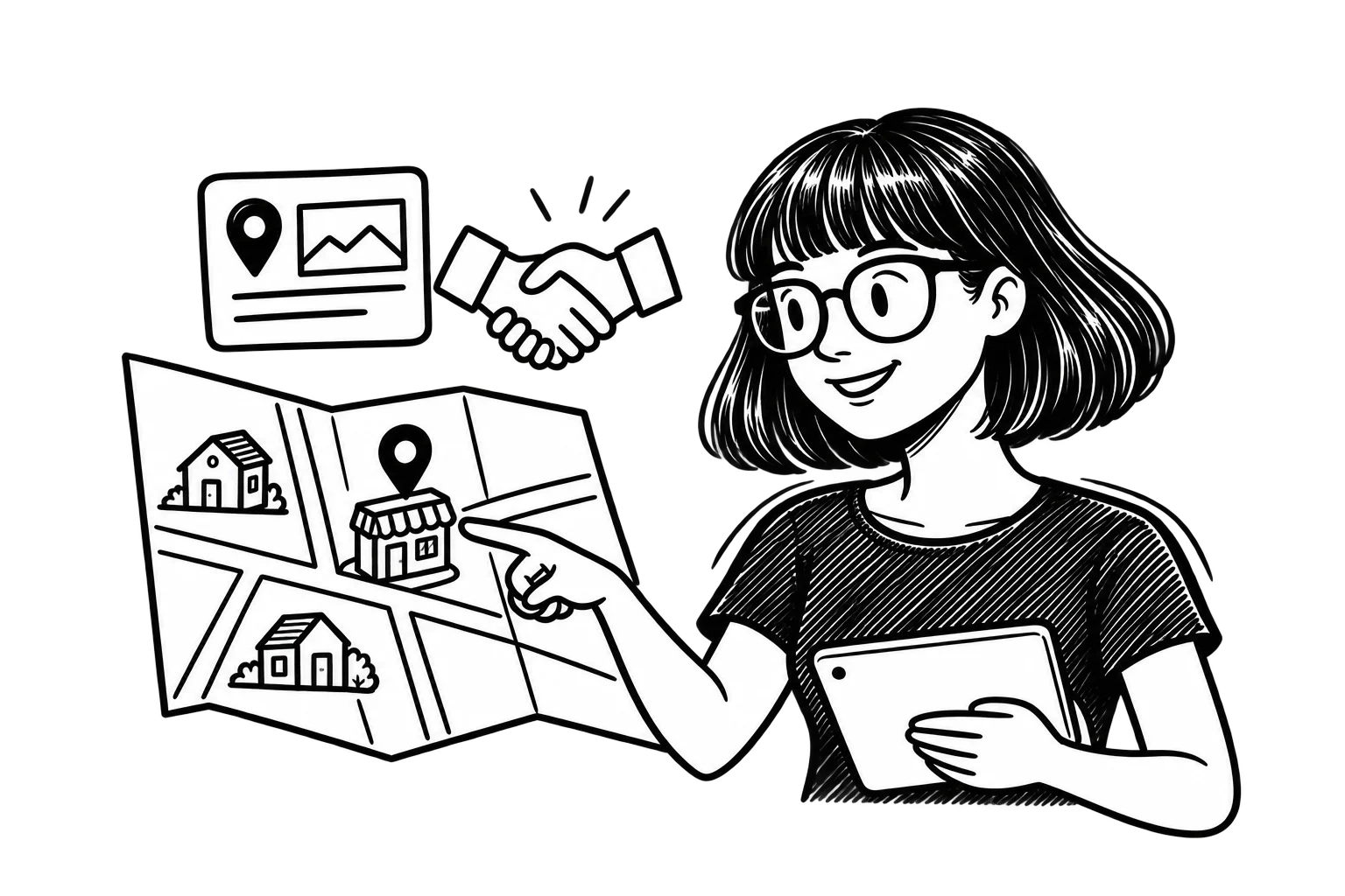 Zoe pointing to a business on a neighborhood map beside local content and partnership icons.
