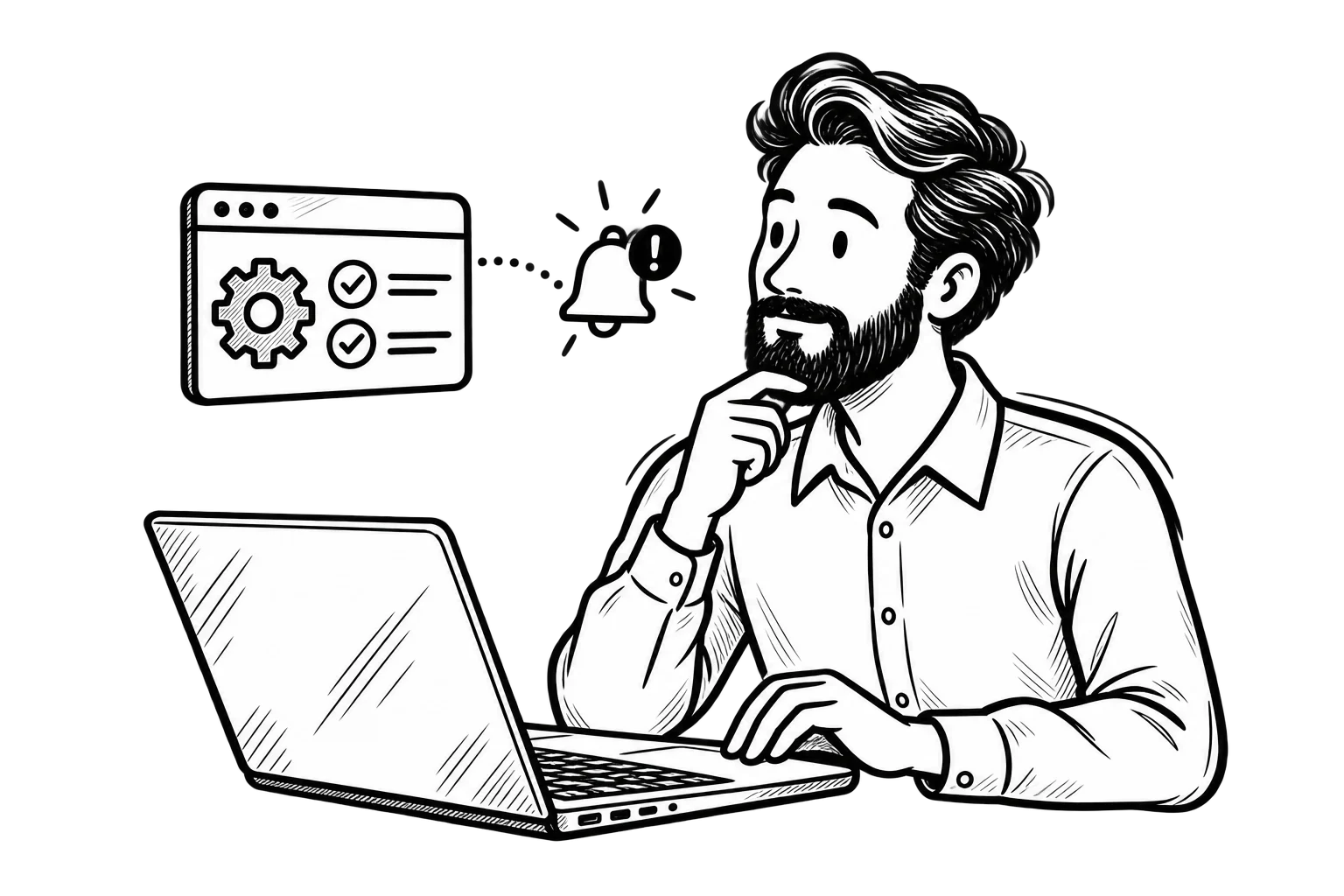 Black-and-white illustration of Aaron reviewing a laptop beside automated website checks and a notification bell signaling that attention is needed.
