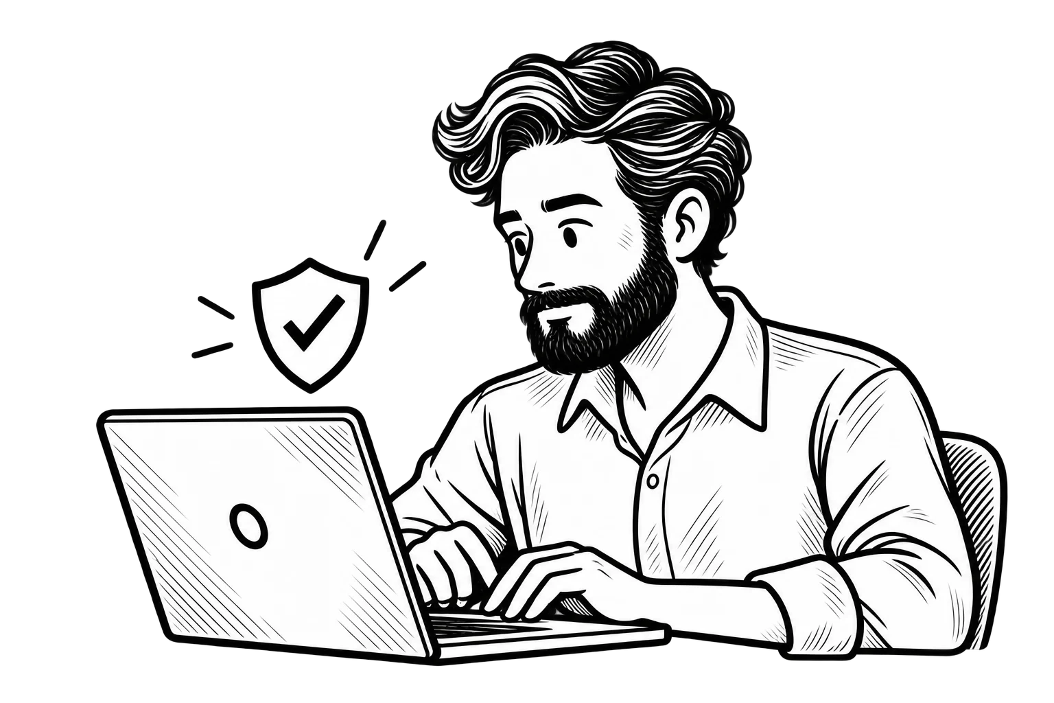 Black-and-white illustration of Aaron from MoDuet reviewing website security on a laptop, with a shield and checkmark beside him.