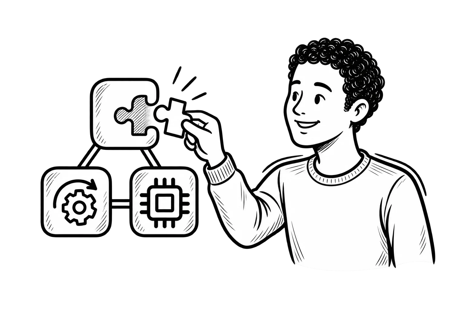 Black-and-white illustration of Dominick fitting a puzzle piece into connected icons representing WordPress plugins, automation, and AI.