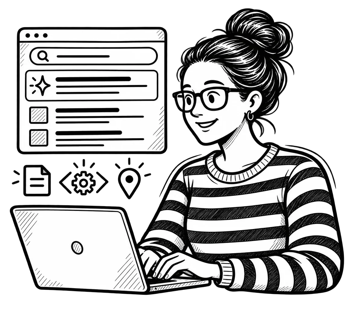Black-and-white illustration of Patricia using a laptop beside AI search results and icons representing content, technical SEO, and local relevance.