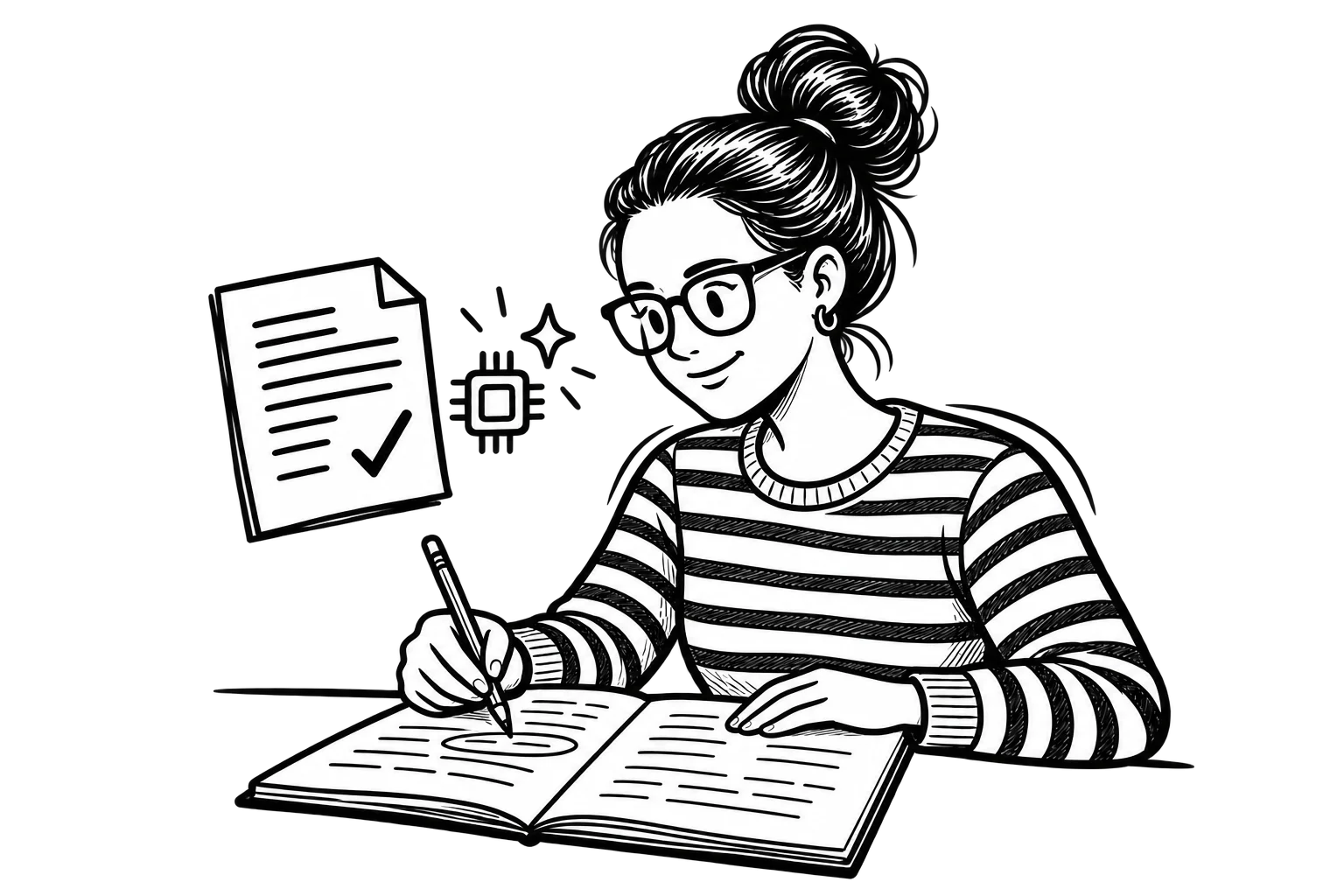 Black-and-white illustration of Patricia revising a draft with a pencil beside a checked document and an AI chip icon.