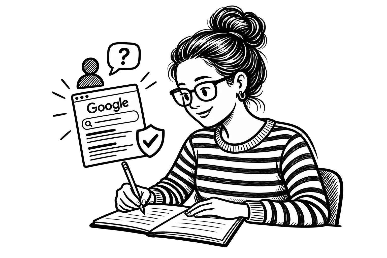 Black-and-white illustration of Patricia writing in a notebook beside Google search results, a reader’s question, and a trust shield.