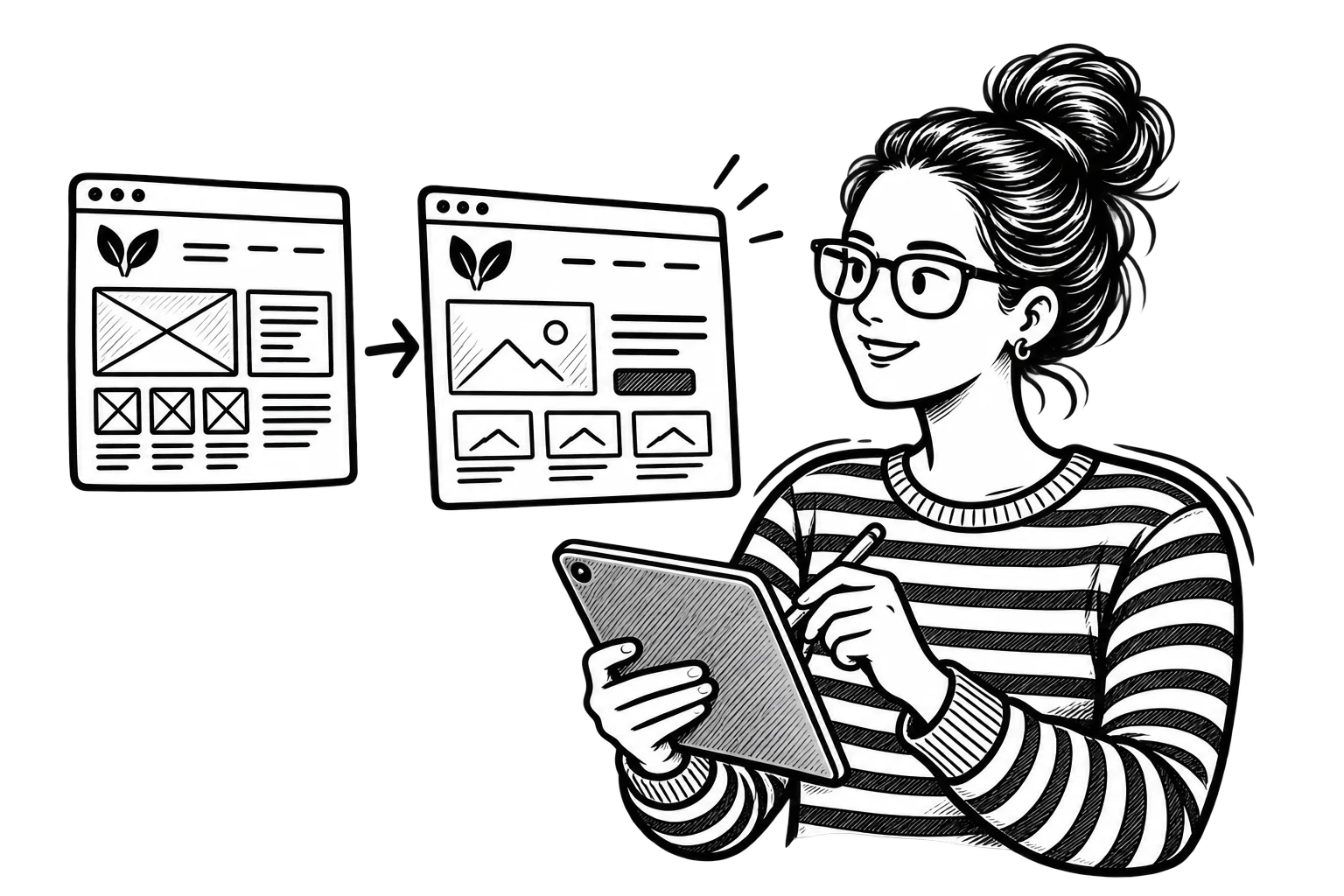 Black-and-white illustration of Patricia using a tablet beside two website layouts that preserve the same brand symbol while improving the design.