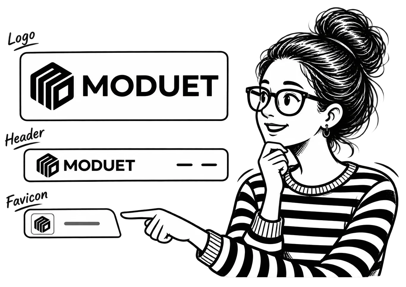 Patricia comparing the MoDuet logo at full size, in a website header, and as an icon-only favicon.