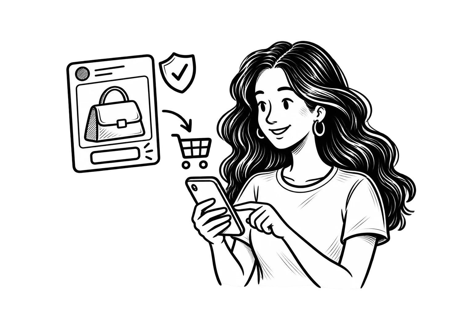 Black-and-white illustration of Victoria using a smartphone beside a social product post, a trust shield, and an arrow leading to a shopping cart.