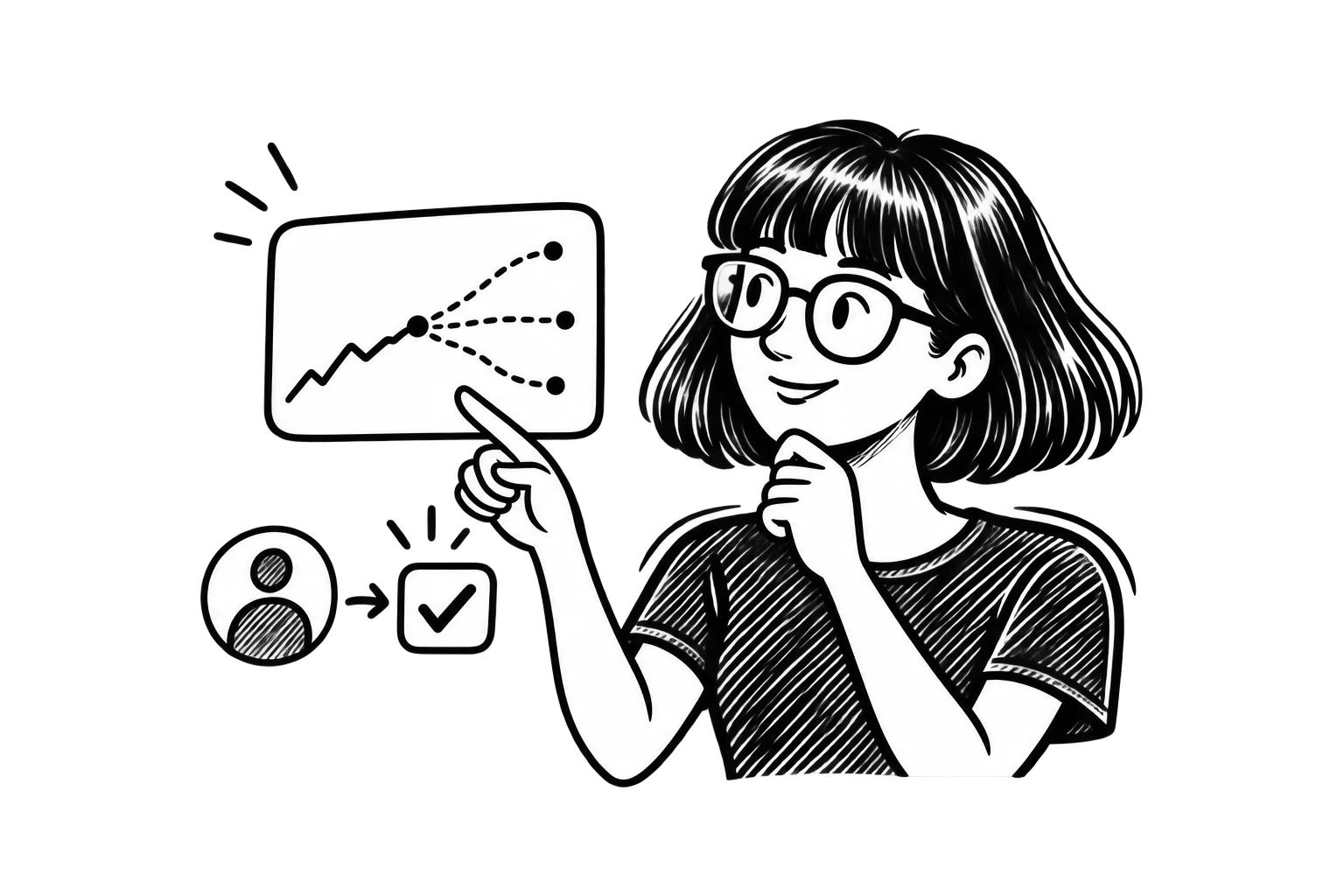 Black-and-white illustration of Zoe examining a chart with three possible future paths, beside customer and decision icons.