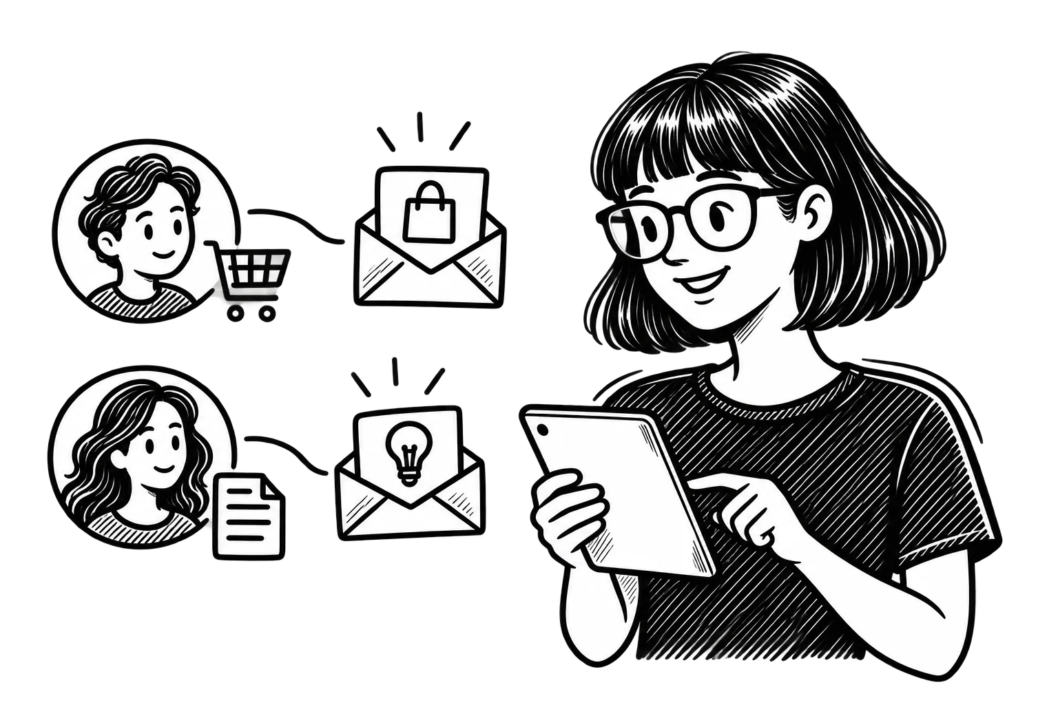 Black-and-white illustration of Zoe using a tablet beside subscriber profiles connected to tailored emails based on shopping and content interests.
