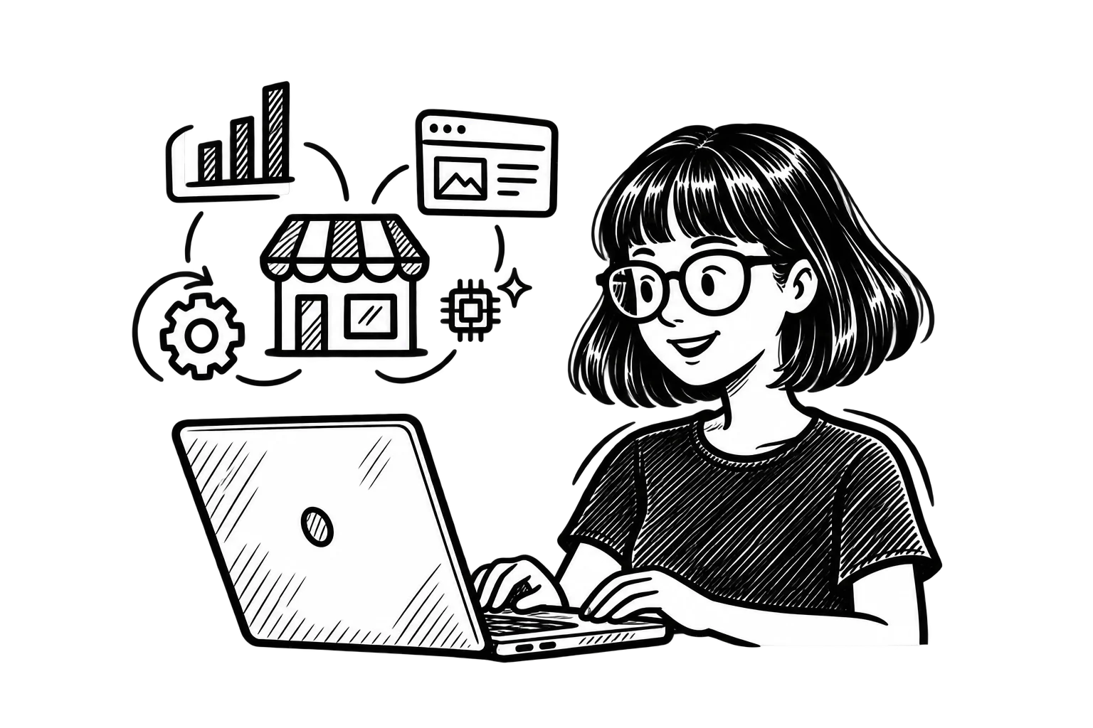 Black-and-white illustration of Zoe using a laptop beside a storefront connected to analytics, page building, automation, and AI icons.