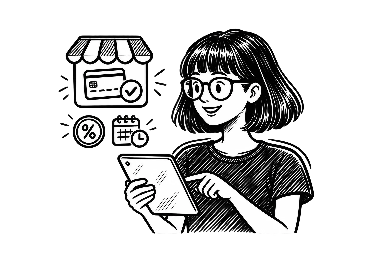 Black-and-white illustration of Zoe using a tablet beside a storefront with a payment card, a fee symbol, and a payout calendar.