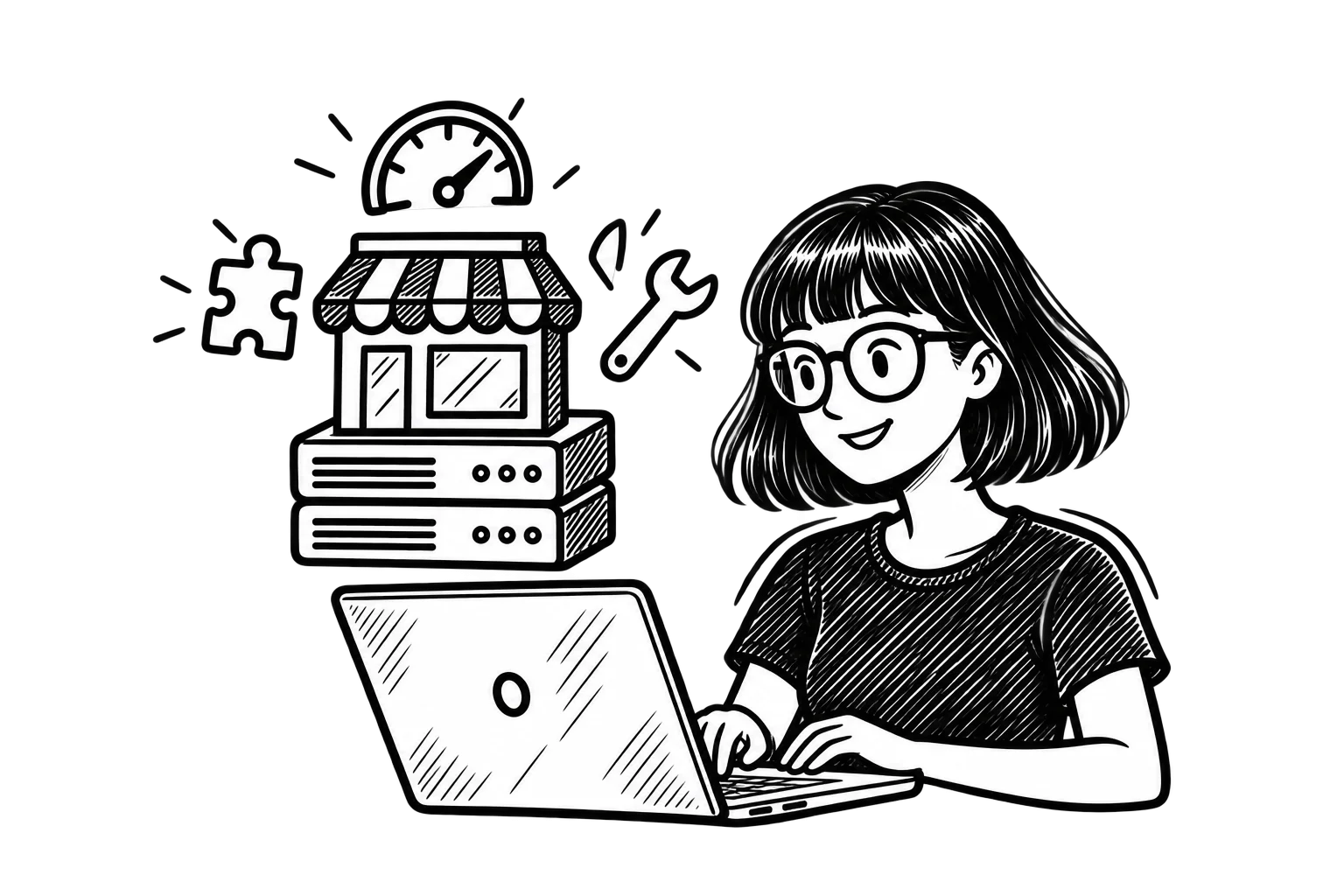 Black-and-white illustration of Zoe using a laptop beside a storefront supported by servers, with icons for extensions, performance, and maintenance.