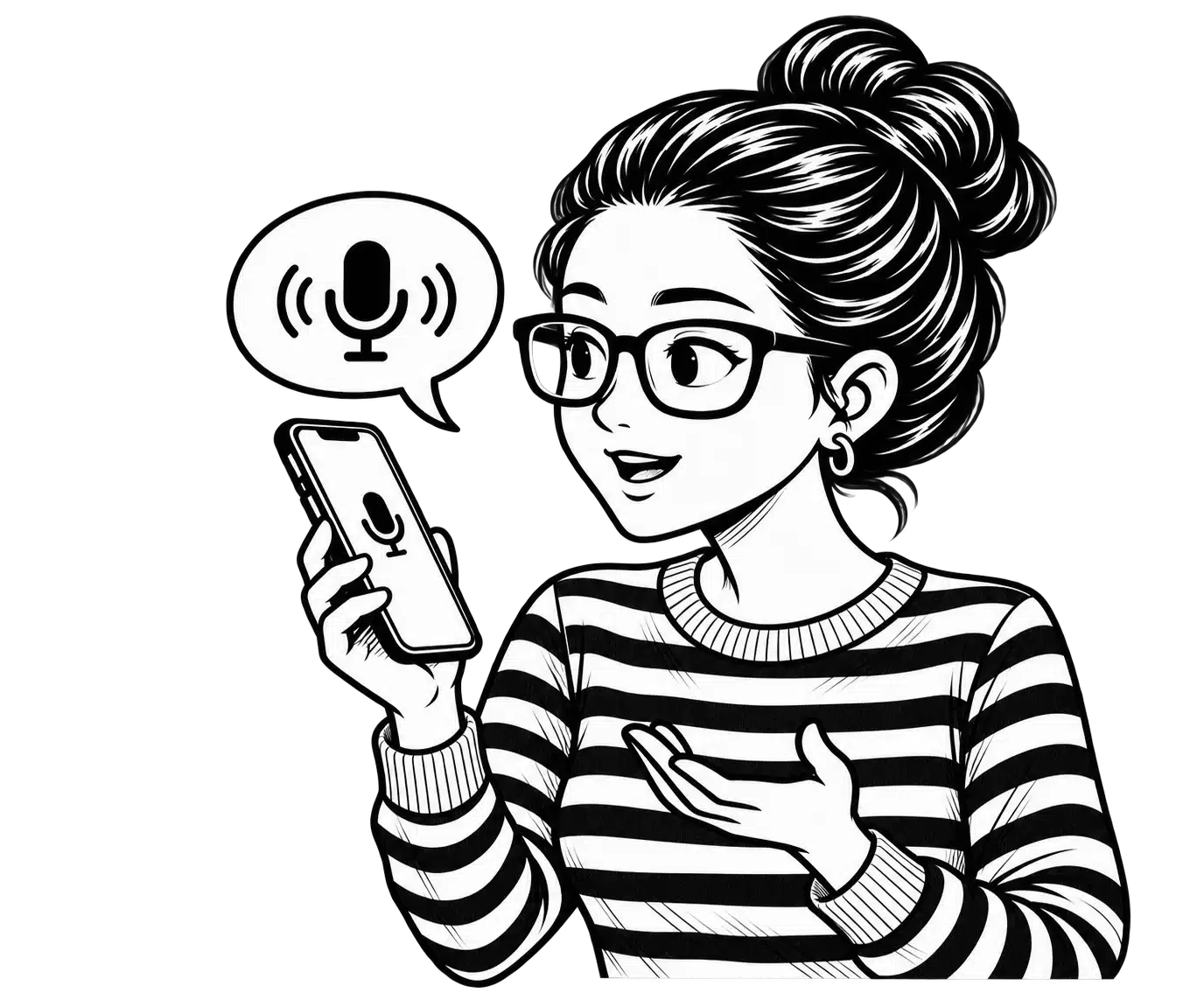 Black-and-white illustration of Patricia using voice search on her smartphone, with a microphone icon in a speech bubble.