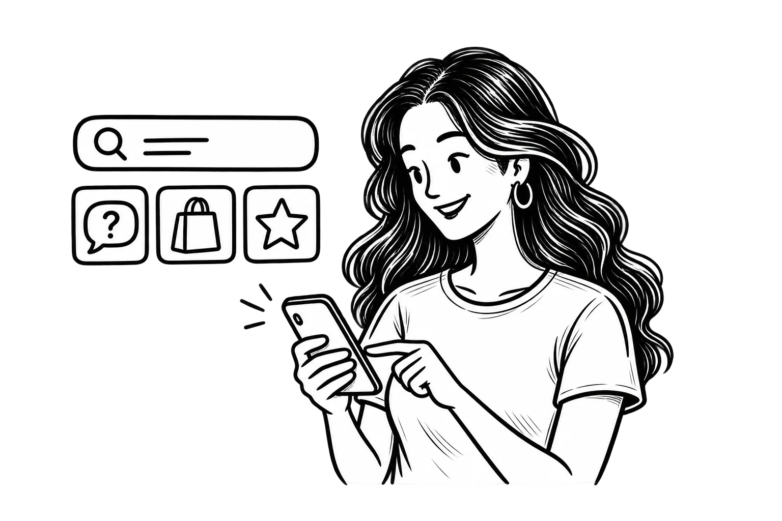 Black-and-white illustration of Victoria using a smartphone beside a search bar and icons representing answers, products, and recommendations.