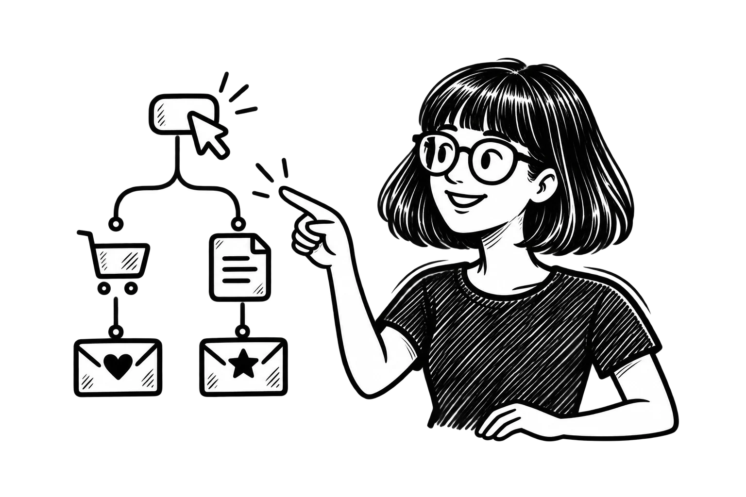 Black-and-white illustration of Zoe pointing to a branching automation flow that sends different emails based on customer actions.