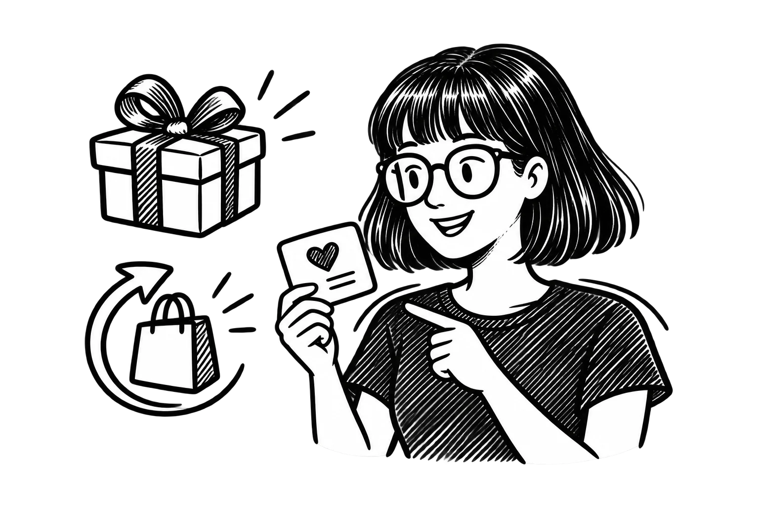 Black-and-white illustration of Zoe holding a loyalty card beside a gift and a shopping bag with a return arrow.