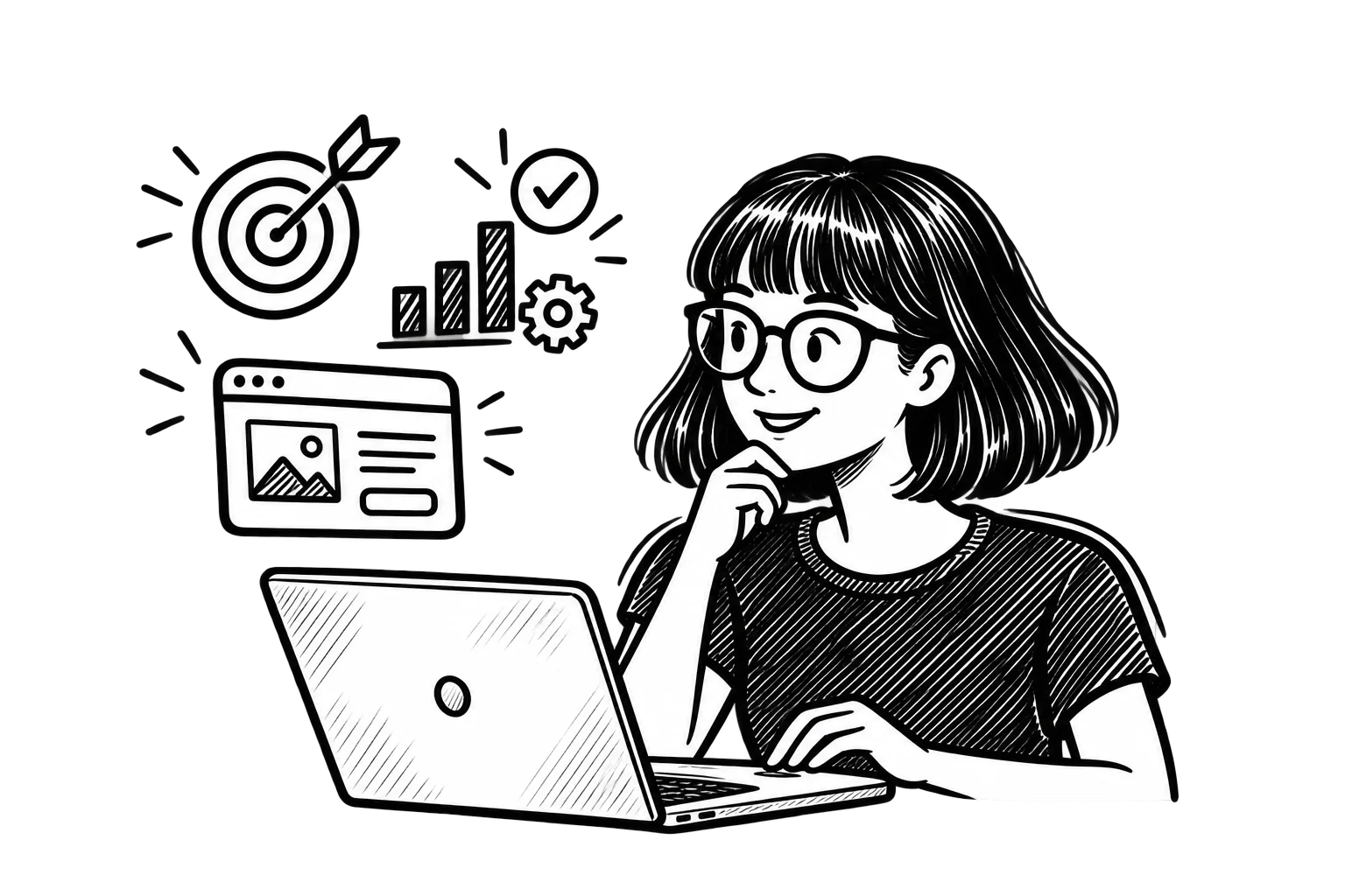 Black-and-white illustration of Zoe reviewing a laptop beside icons representing campaign goals, conversion data, automation, and landing pages.
