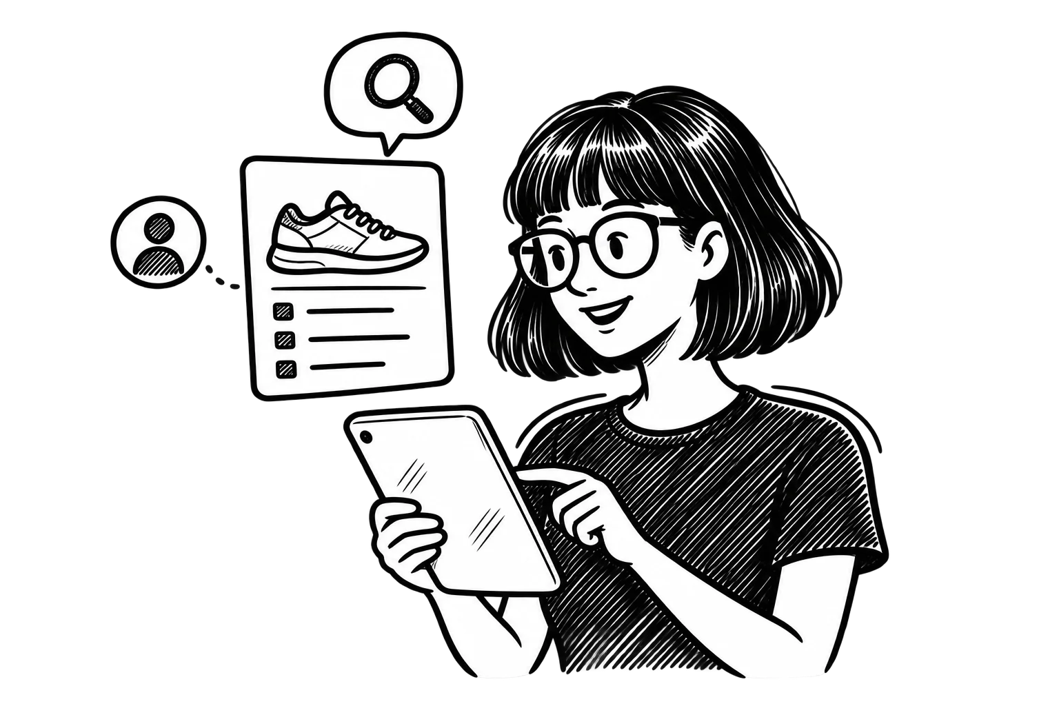 Black-and-white illustration of Zoe using a tablet beside a detailed product listing, a shopper icon, and a search speech bubble.