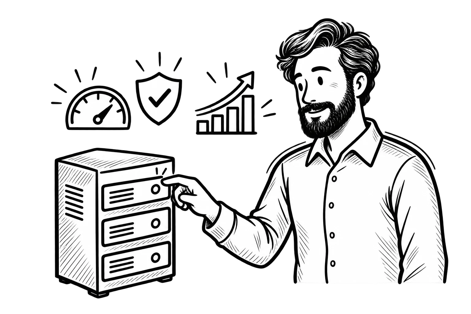 Black-and-white illustration of Aaron checking a server, with icons representing speed, security, and scalability.