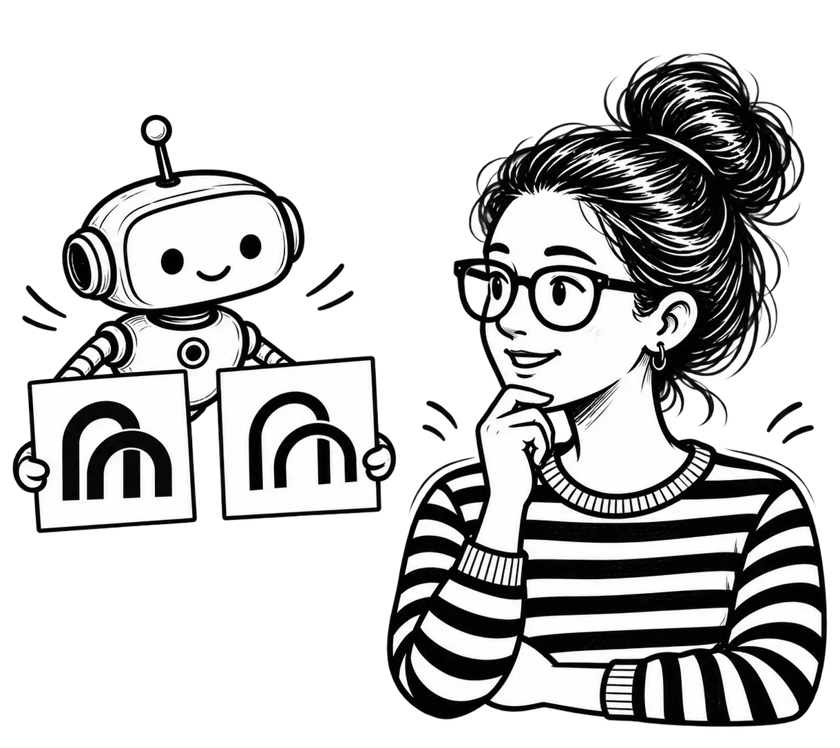 Patricia evaluating two similar logo concepts presented by a floating robot.