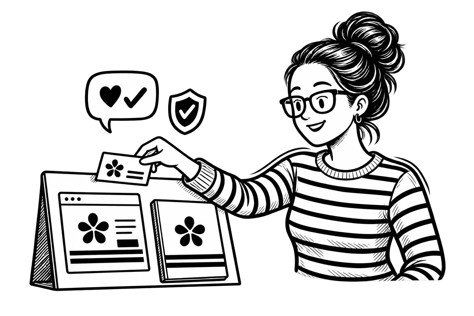 Patricia arranging matching brand materials beside a customer care speech bubble and a trust shield.