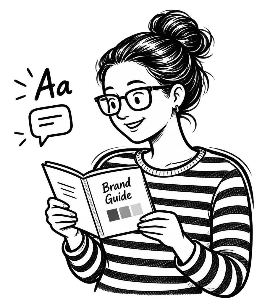 Black-and-white illustration of Patricia reading a brand guide, with typography and communication symbols beside her.