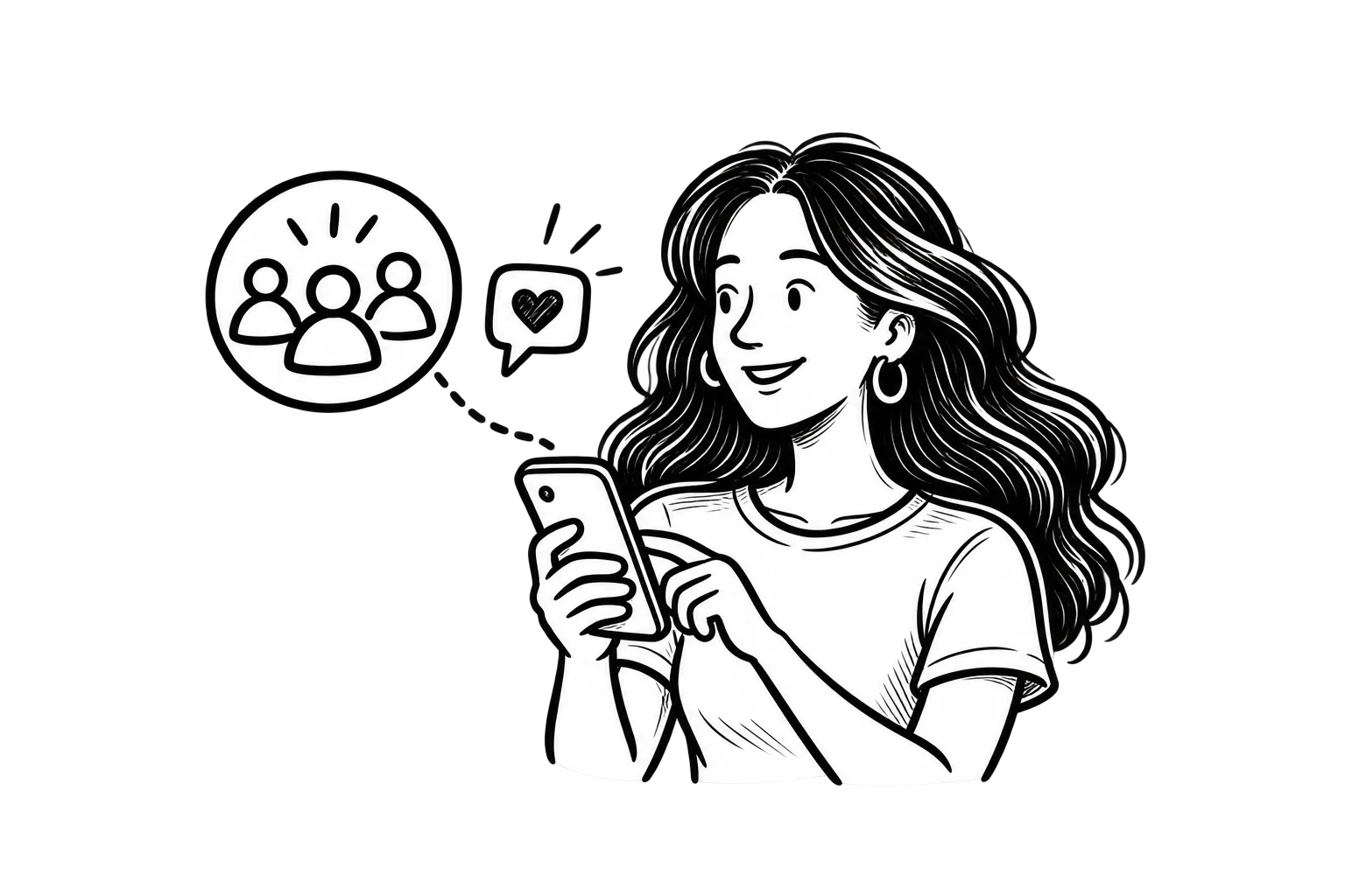 Black-and-white illustration of Victoria using a smartphone beside a small community icon and a speech bubble with a heart.