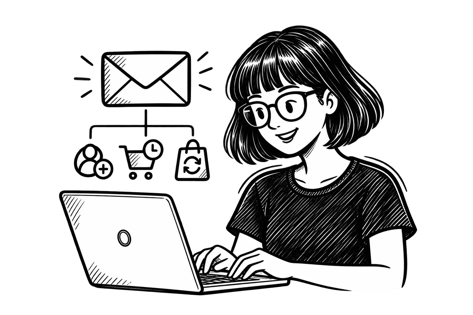 Black-and-white illustration of Zoe using a laptop, with email icons representing signups, abandoned carts, and repeat purchases.