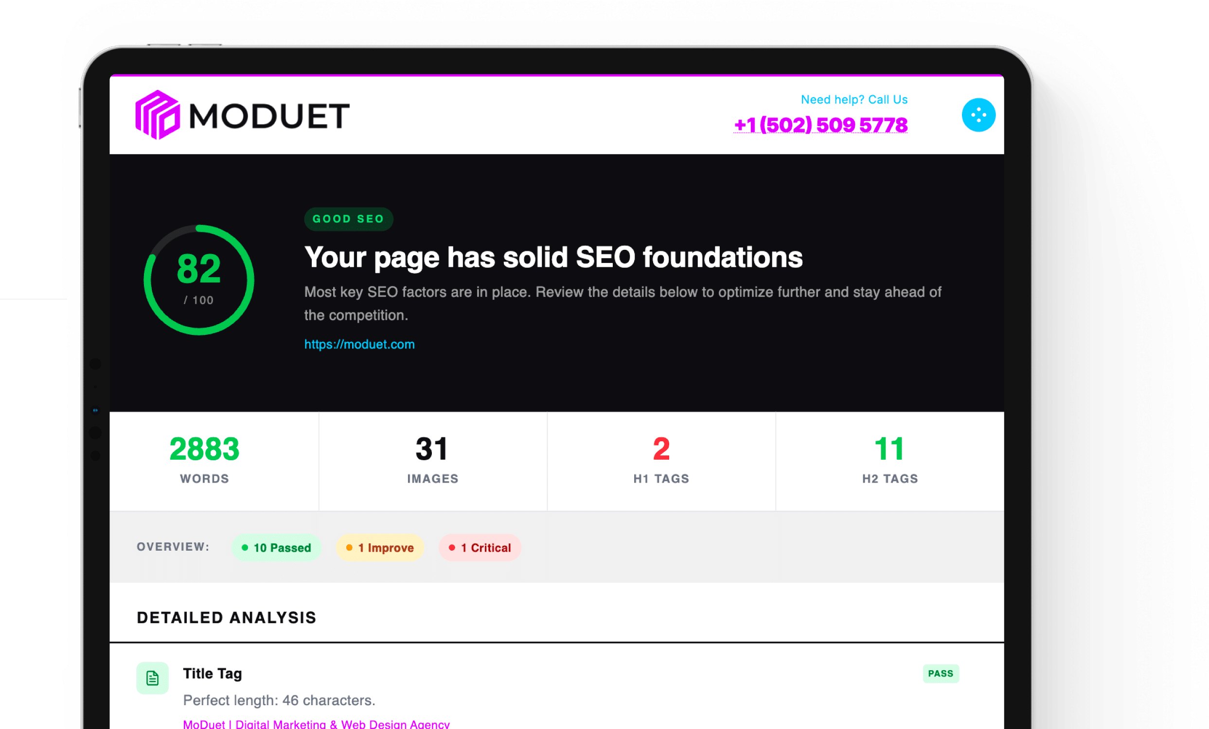 MoDuet free SEO audit tool showing a page score of 82 out of 100