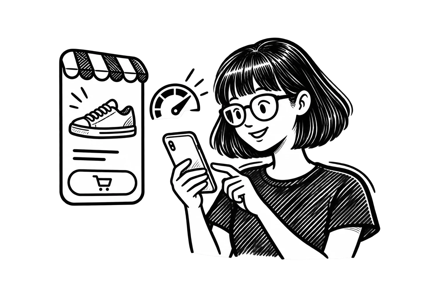 Black-and-white illustration of Zoe using a smartphone beside a mobile product page with a large shopping button and a speed icon.