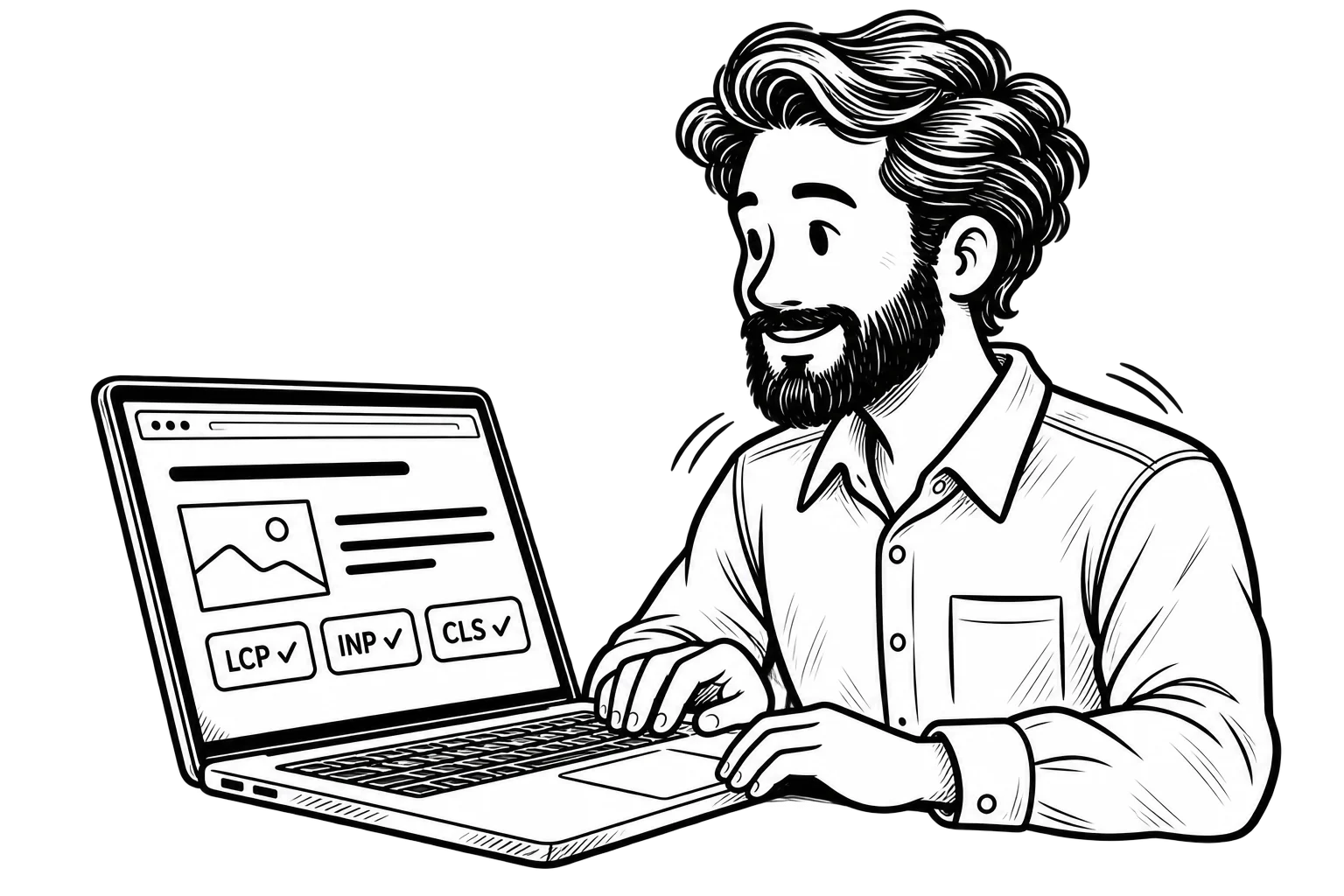 Aaron reviewing a webpage on a laptop with checkmarks beside LCP, INP, and CLS.