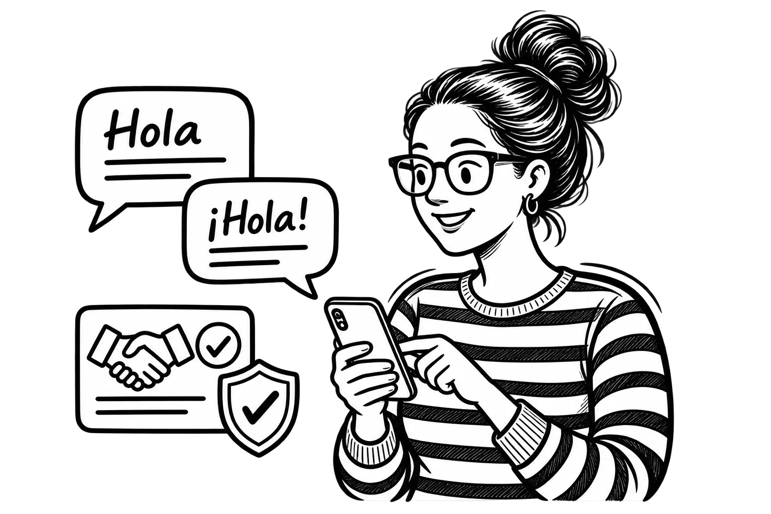 Patricia replying on a smartphone beside Spanish conversation bubbles, a checked handshake, and a trust shield.