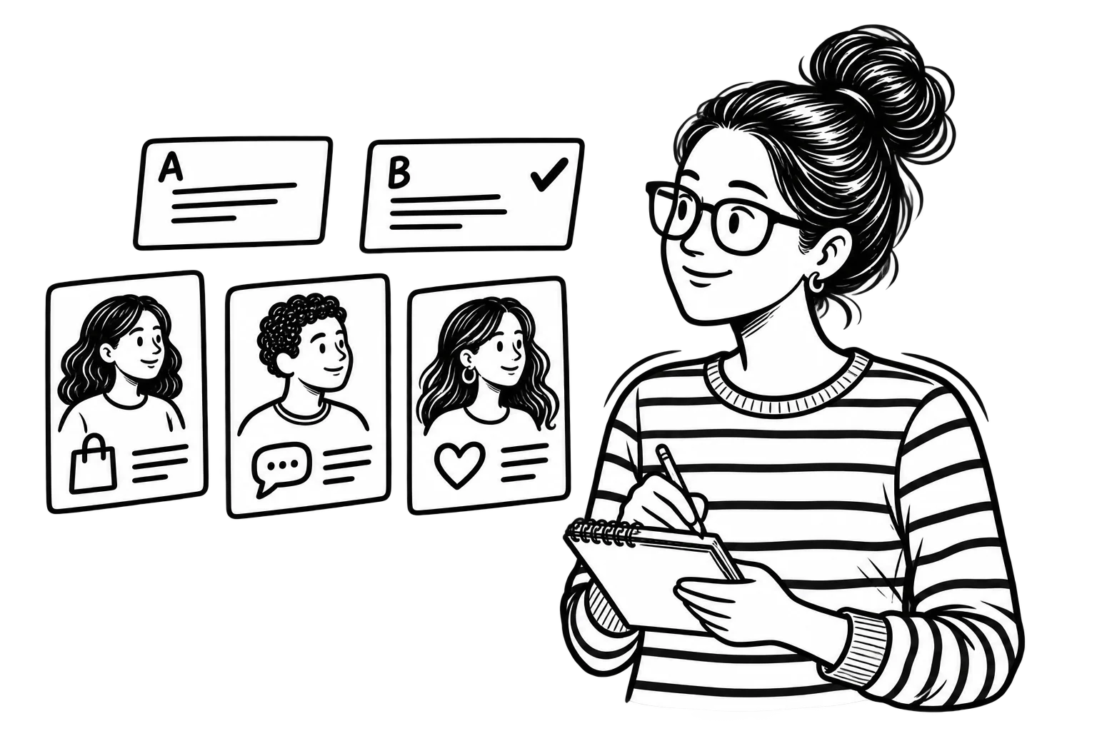 Patricia taking notes beside three customer profiles with different preferences and two message variations labeled A and B.