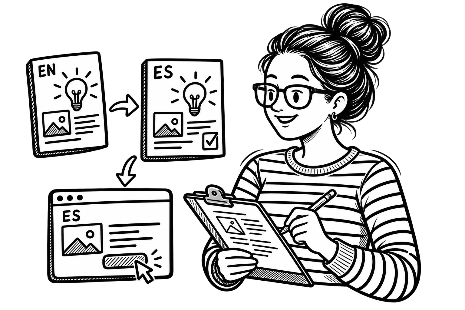 Patricia revisando un anuncio junto a versiones en inglés y español conectadas a una página web en español.