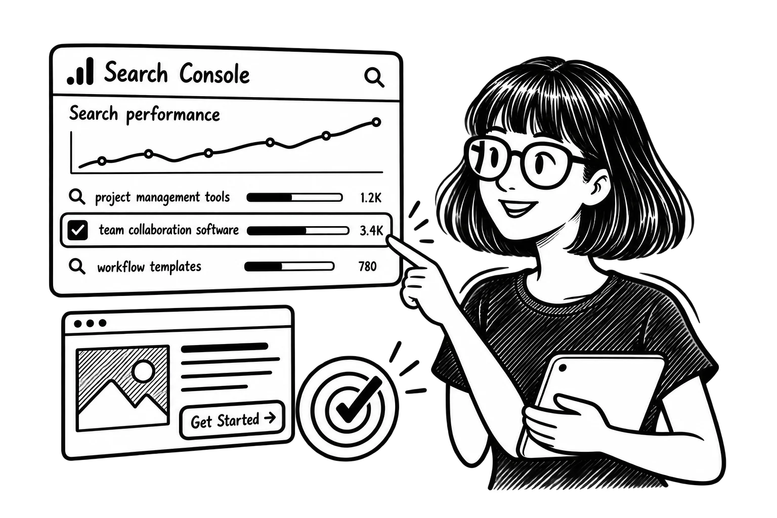 Zoe pointing to a search opportunity in Search Console beside a website page and a business goal target.