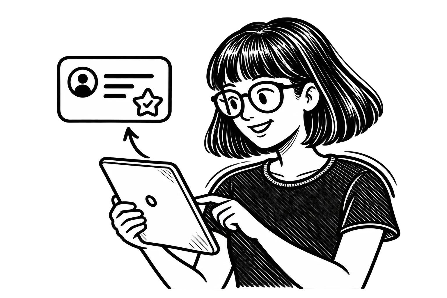 Black-and-white illustration of Zoe using a tablet, with a personalized result card beside her.