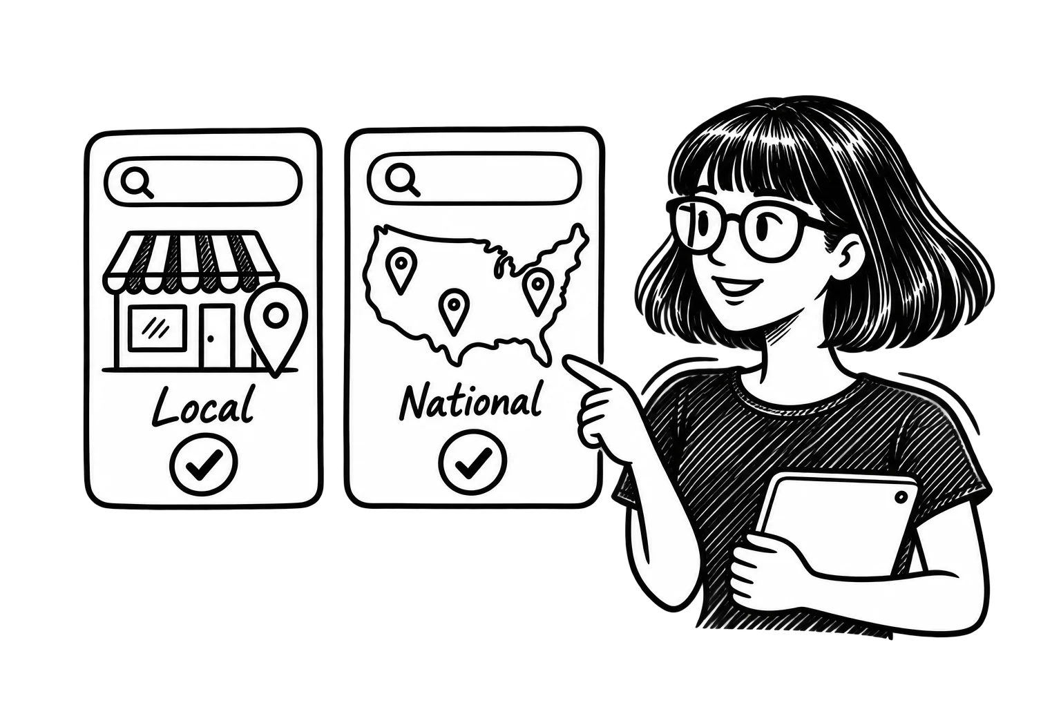 Zoe comparing local and national search cards featuring a storefront and a U.S. map with location pins.