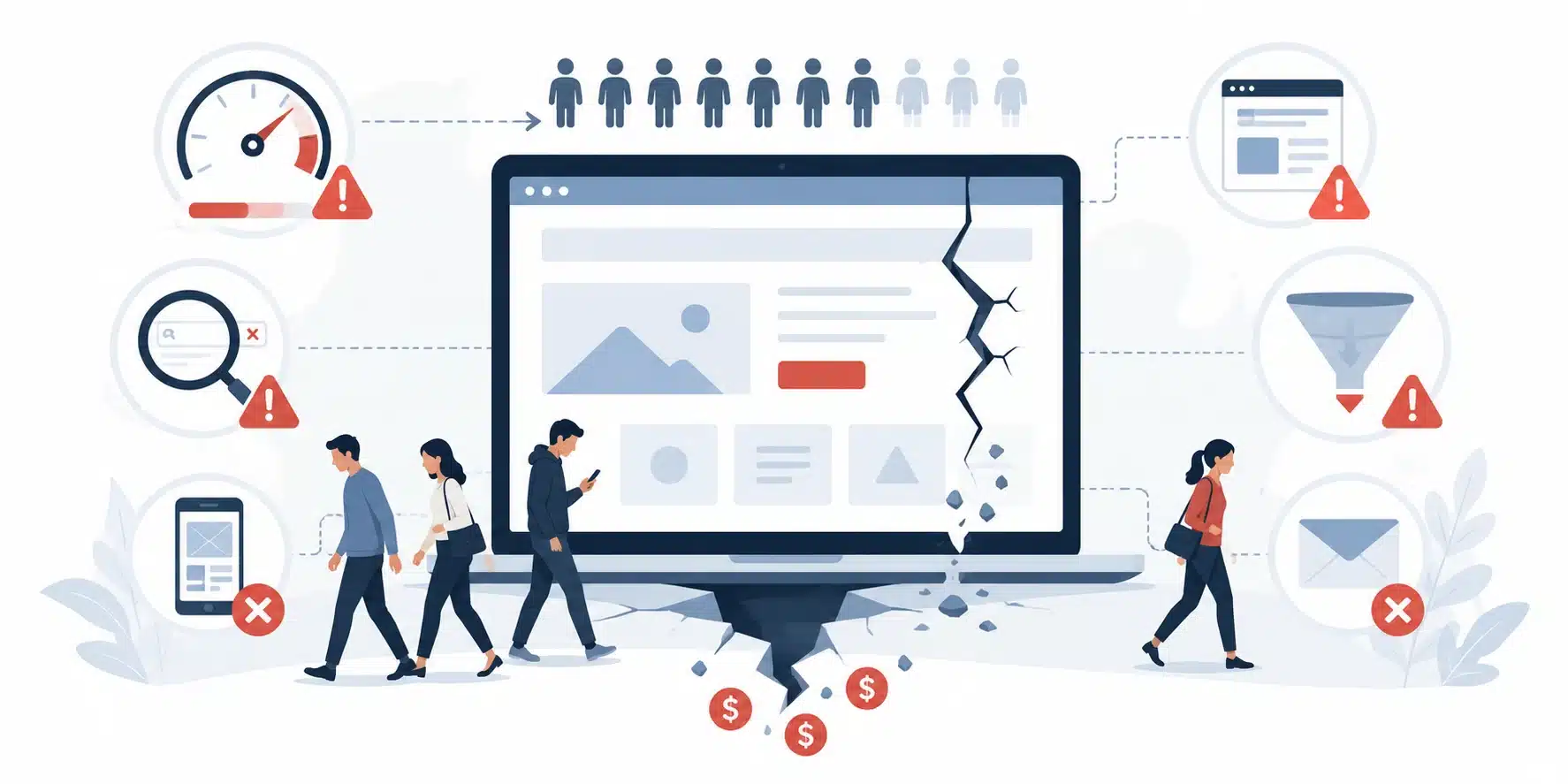 5 Signs Your Website Is Hurting Your Business Illustration of a business website losing visitors, leads, and revenue due to performance issues such as slow loading speed, poor SEO, low conversions, and user experience problems.