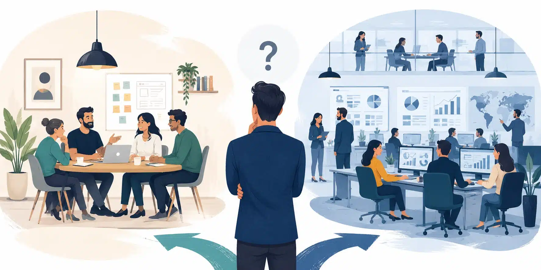 Boutique Agency vs Big Agency Decision Illustration of a business owner comparing a small boutique agency team with a larger corporate marketing agency team to evaluate the best fit for their business.