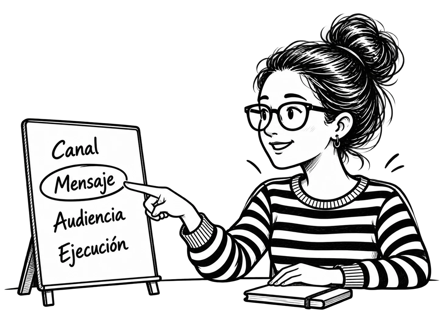 Patricia señalando «Mensaje» en una pizarra con cuatro aspectos de la estrategia de marketing: canal, mensaje, audiencia y ejecución.