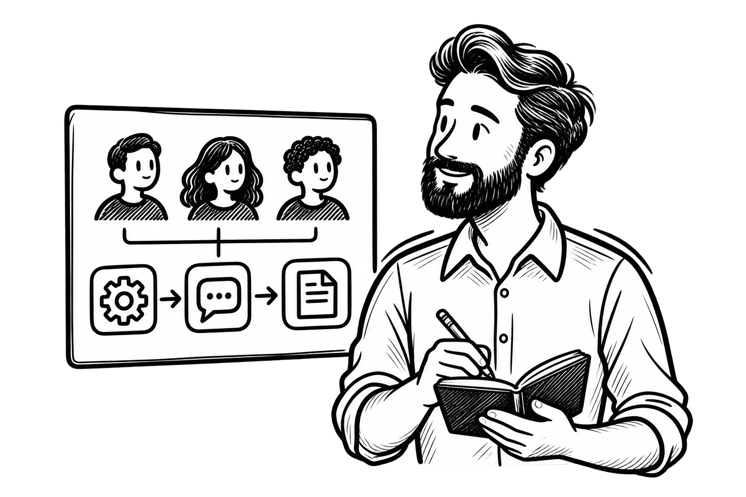 Aaron taking notes beside a panel illustrating an agency’s team and workflow.