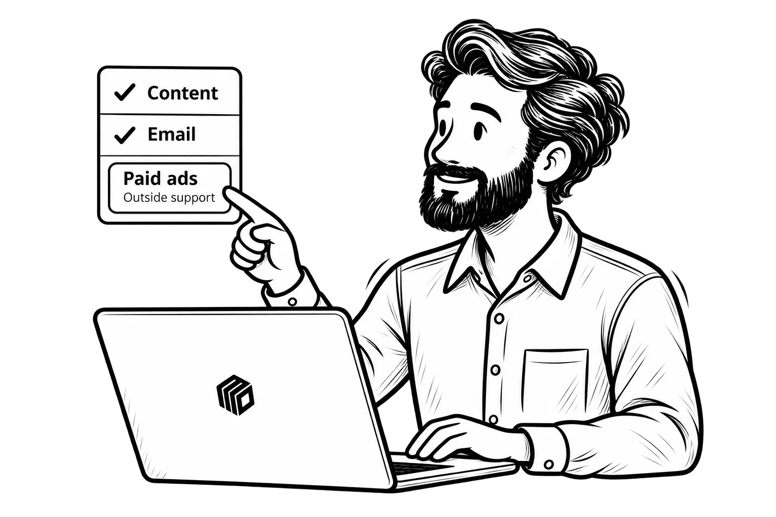 Aaron at a MoDuet-branded laptop pointing to paid ads marked “Outside support” on a short marketing task list.