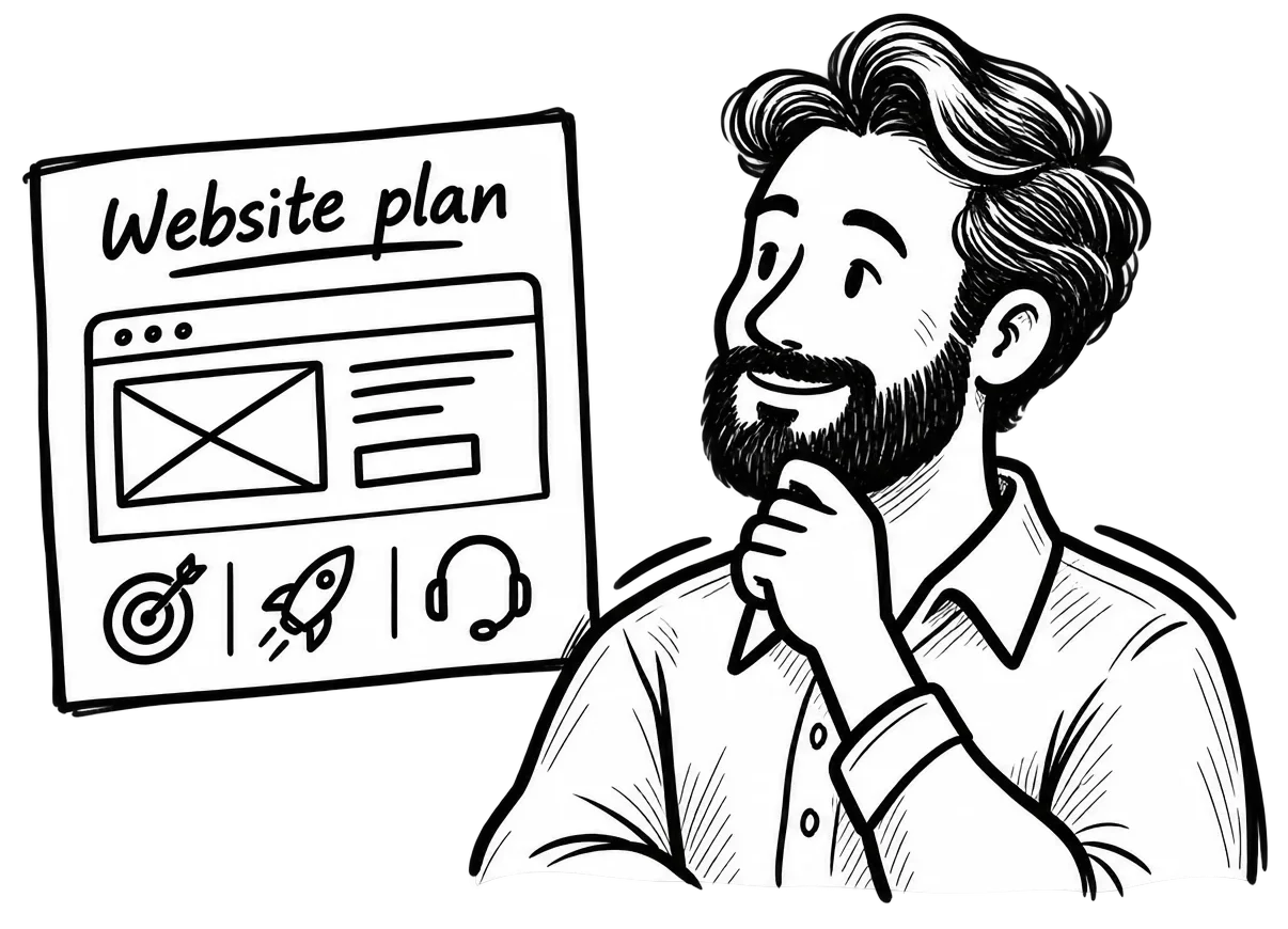 Aaron reviewing a proposal beside a website plan with strategy, launch, and support icons.