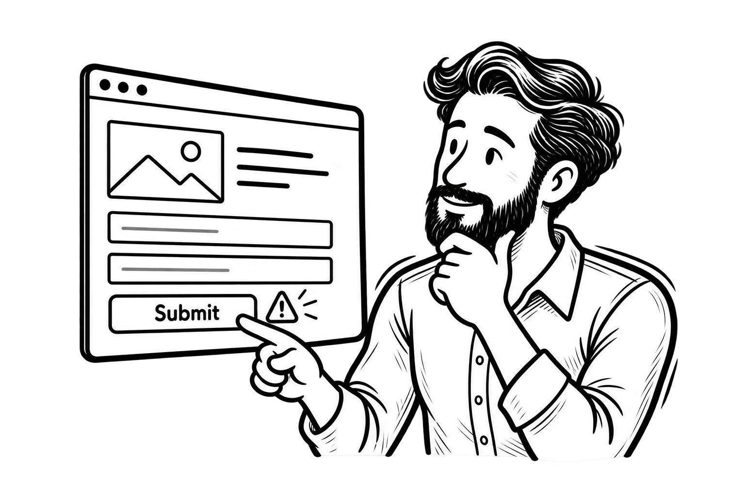 Aaron examining a website form and pointing to a submit button with a warning icon.