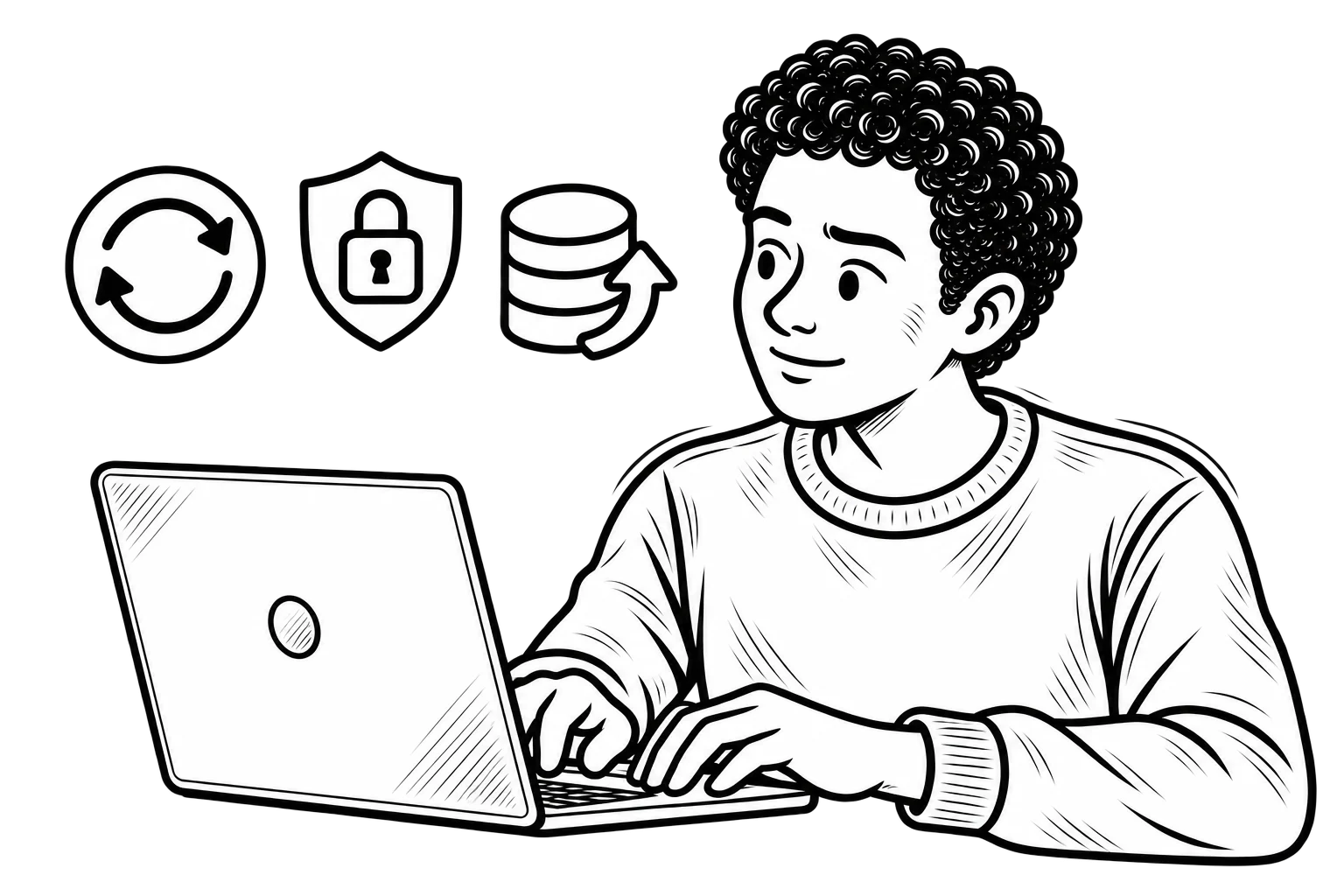 Black-and-white illustration of Dominick working on a laptop, with icons representing updates, secure access, and backups.
