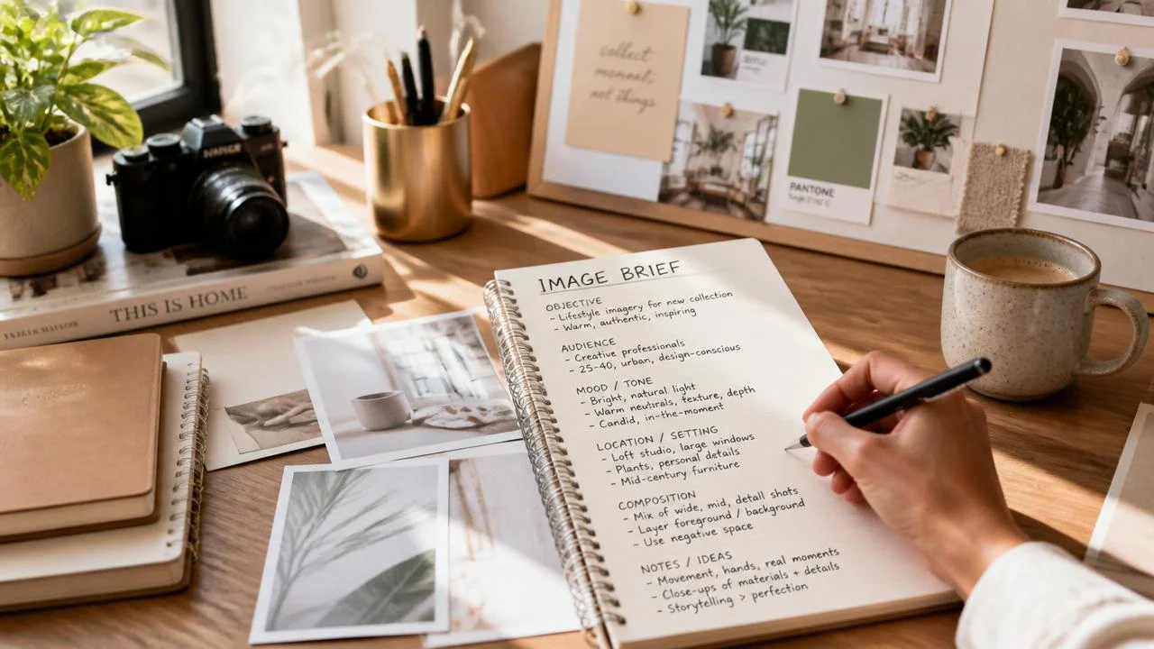 Creative professional writing an image brief at a desk with mood boards, photographs, and planning materials.
