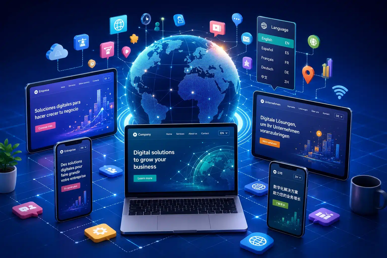 multilingual-website-design-global-audiences Digital ecosystem showing multilingual websites across multiple devices connected to global audiences through different languages and markets.