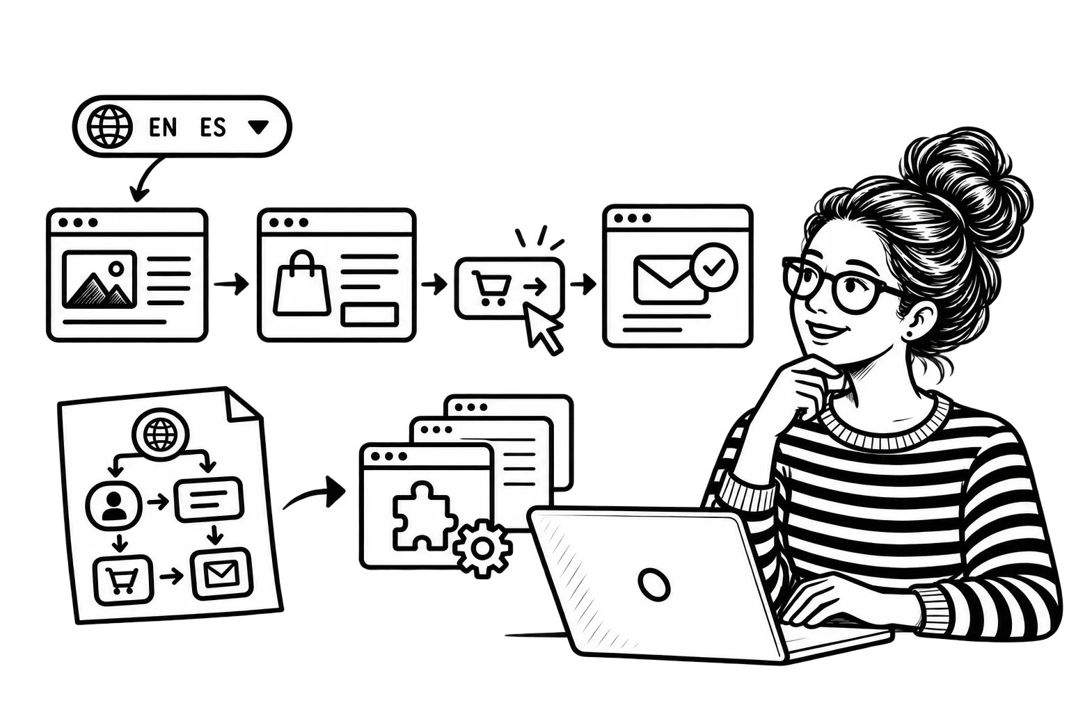 Patricia planning a multilingual website experience, from language selection and understanding the offer to completing an action and receiving confirmation.