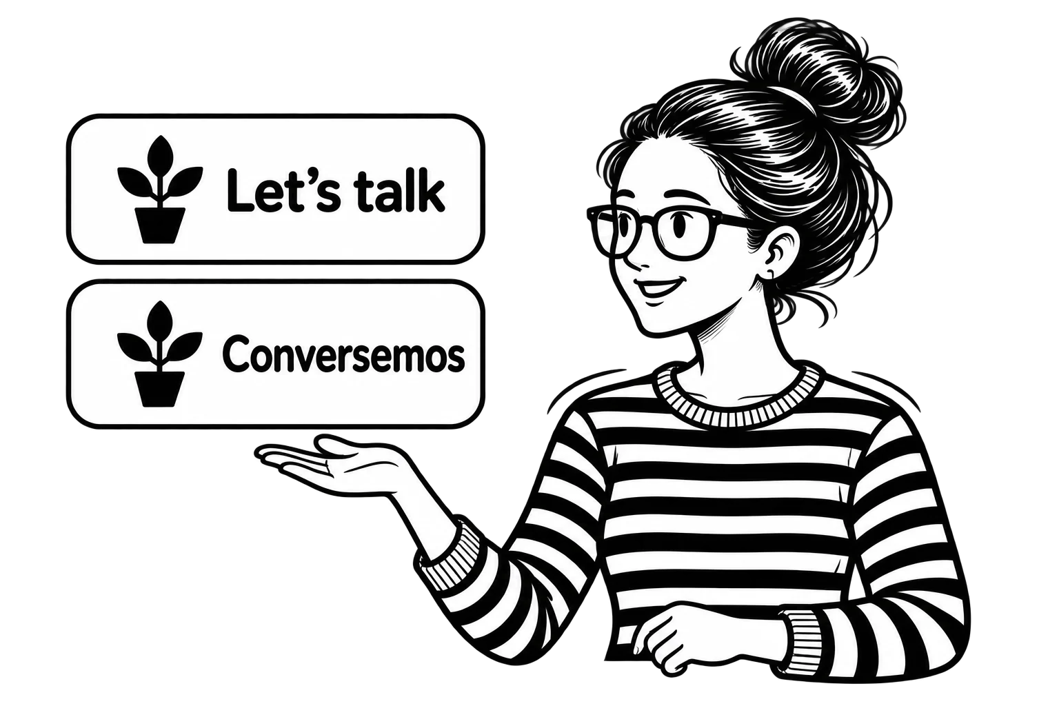 Patricia presenting “Let’s talk” and “Conversemos” messages, both featuring the same potted plant brand symbol.