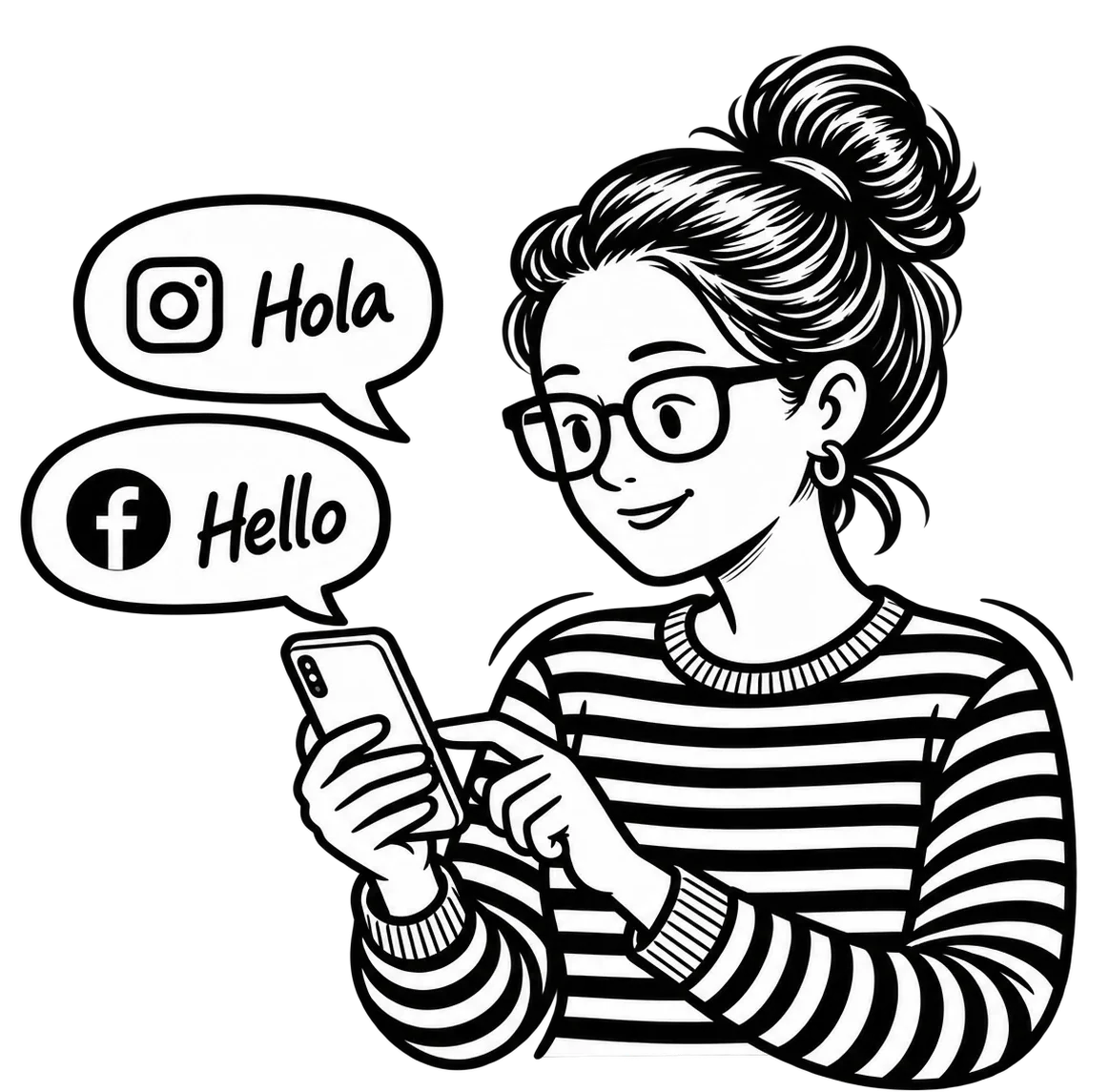 Patricia using a smartphone beside Instagram and Facebook speech bubbles reading “Hola” and “Hello.”