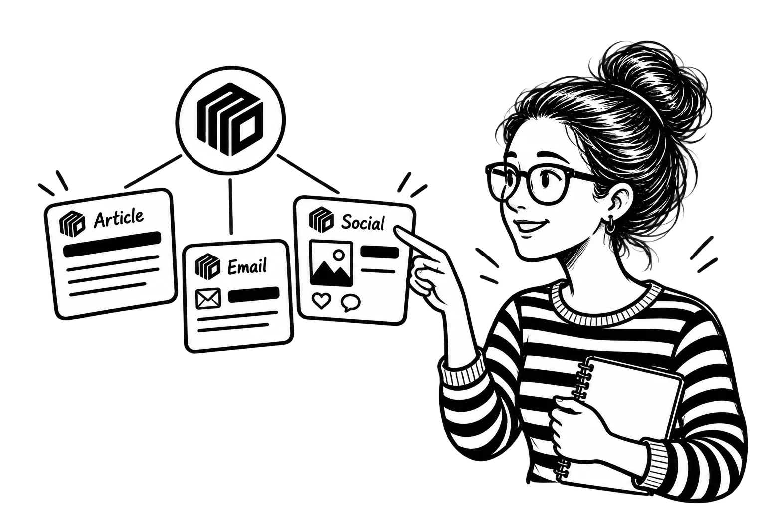 Patricia reviewing an article, an email, and a social media post connected to the same MoDuet brand symbol.